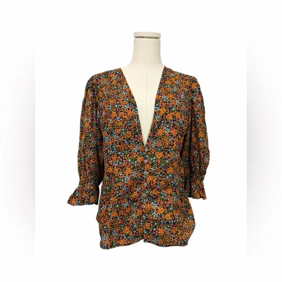 Free People Navy Combo I Found You Floral Print Blouse XL Boho Peasant Cotton - Picture 2 of 14